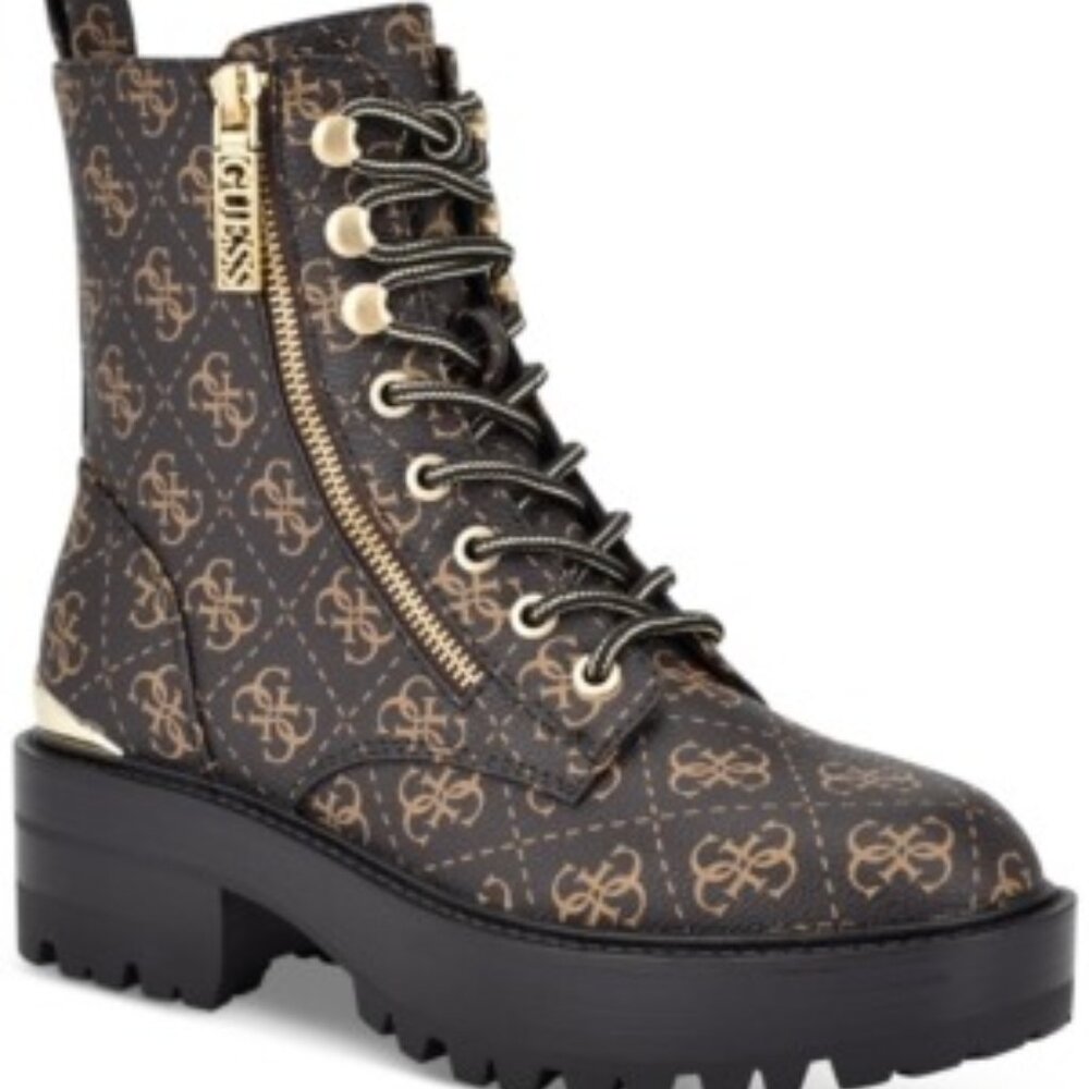 GUESS Fearne Brown Logo Combat Boots | Women’s 8 M | Lace-Up